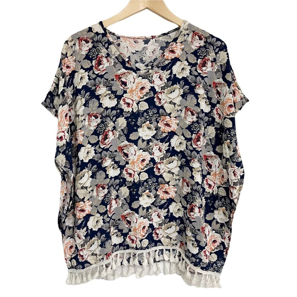 UNBRANDED Floral Dolman Short Sleeve Top Tassels Navy Floral